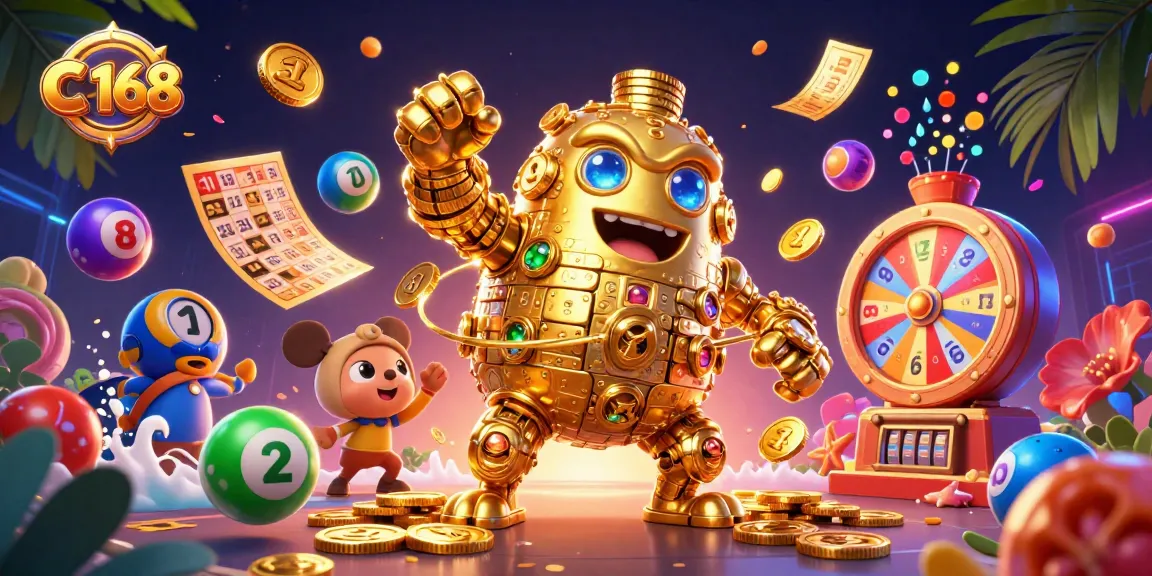 Engage with exciting games at C 168, featuring vibrant elements like lottery balls and golden coins!