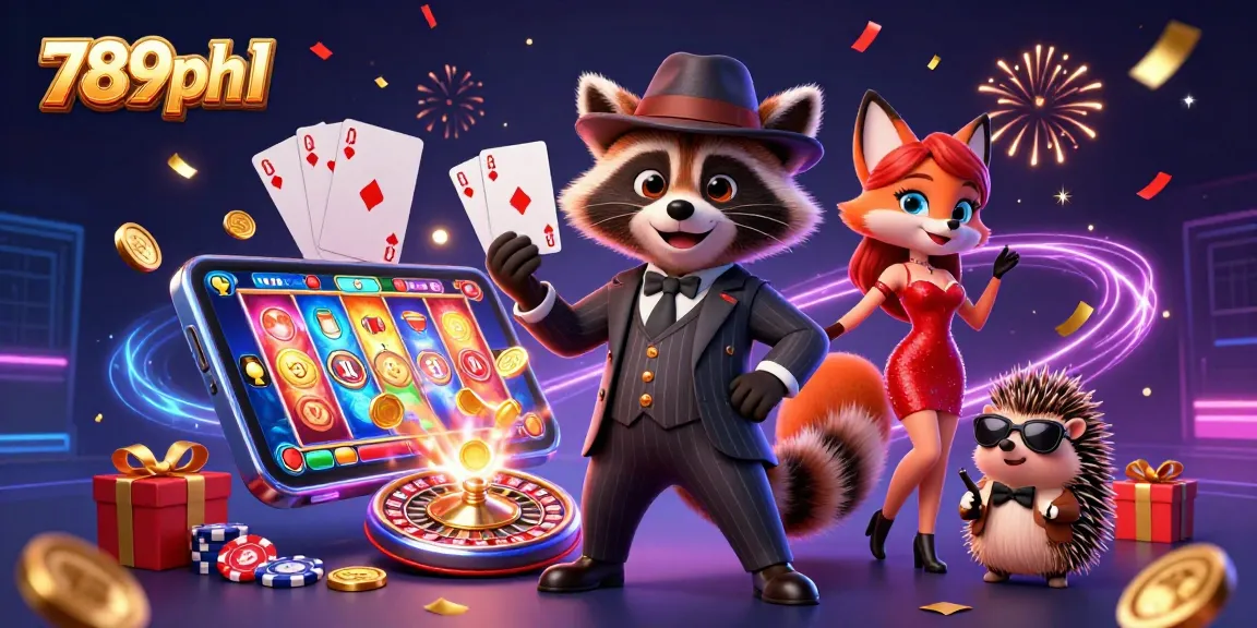 Experience the thrill of 789ph1 with a raccoon in a suit holding a royal flush amidst vibrant casino elements.