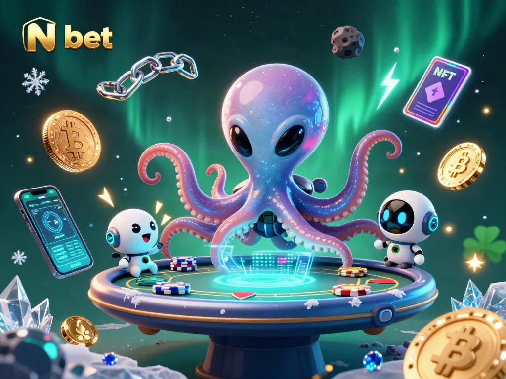 Engage in exciting N bet gameplay with a cosmic octopus and a holographic poker table in a vibrant space scene.