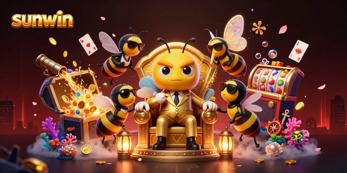 Experience excitement at sunwin with a lively scene featuring a cartoon bumblebee mob boss and slot games.