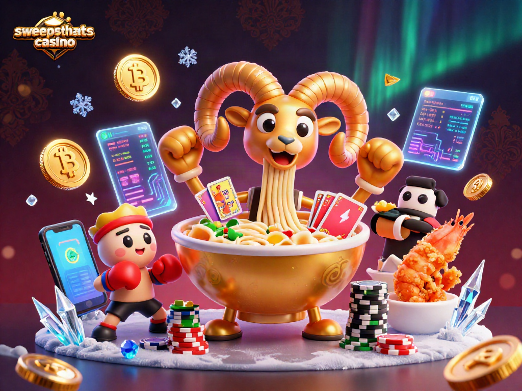 Engage with sweepstakes casino excitement featuring animated 3D characters in a vibrant scene