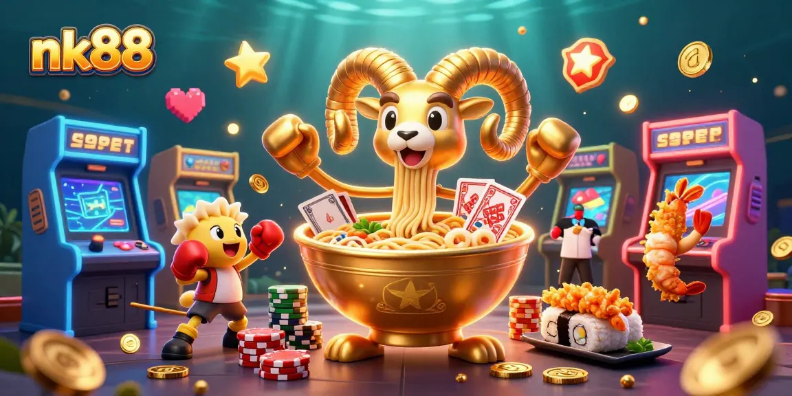 Engaging scene depicting nk88 with a giant ramen bowl dealer, dynamic casino elements, and vibrant visuals.