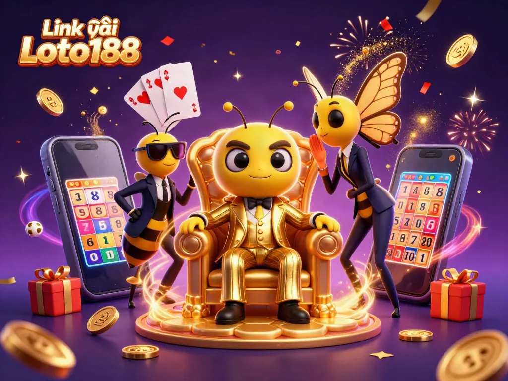 Engage in thrilling lottery excitement with Link vào Loto188 as golden coins erupt and lottery balls surround our lively characters.