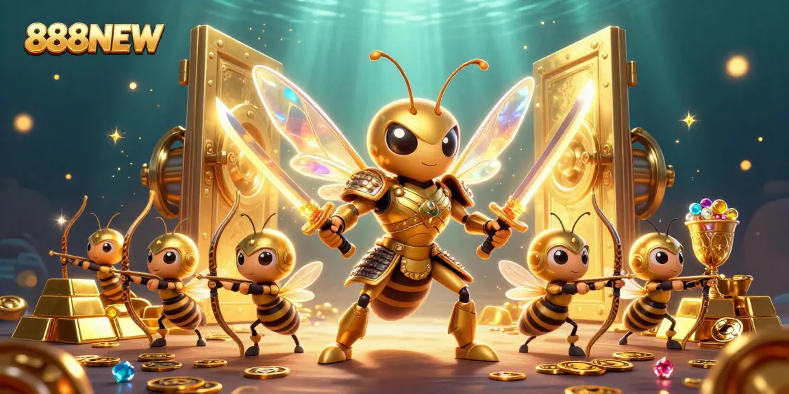 Win big with 888NEW: vibrant casino illustration showcasing golden hornet and treasures