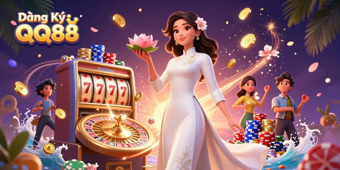 Experience thrilling gameplay with Đăng Ký QQ88 slot machines and casino elements in a vibrant scene.