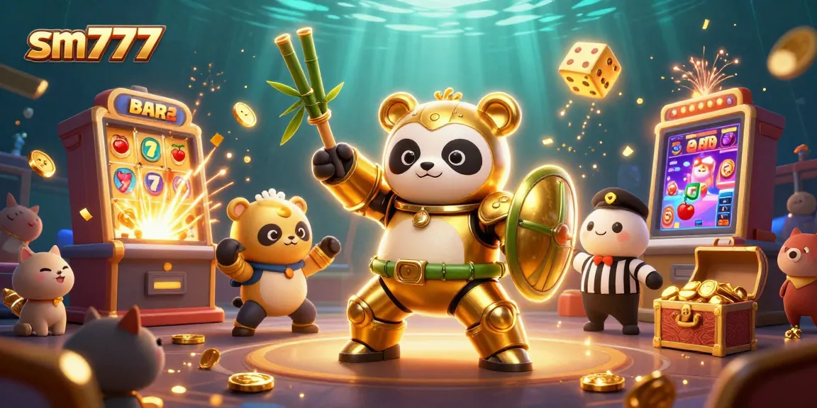 Experience thrilling entertainment with sm777 as a golden panda battles in a vibrant casino world.
