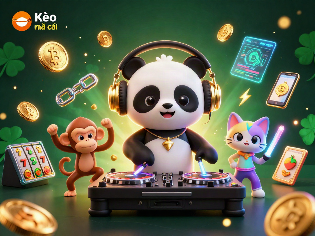 Kèo nhà cái slot scene featuring a DJ panda, breakdancing monkey, and glowing kitten amidst vibrant casino elements