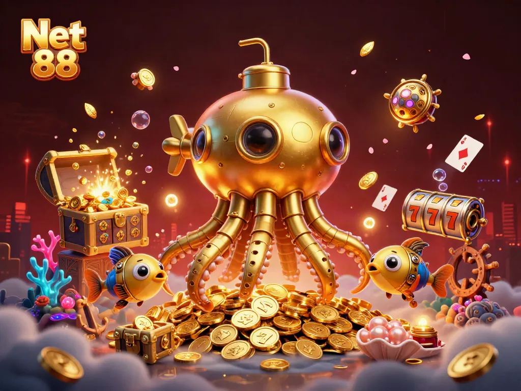 Experience thrilling gaming action with Net 88 and vibrant golden submarine amidst a sea of coins.