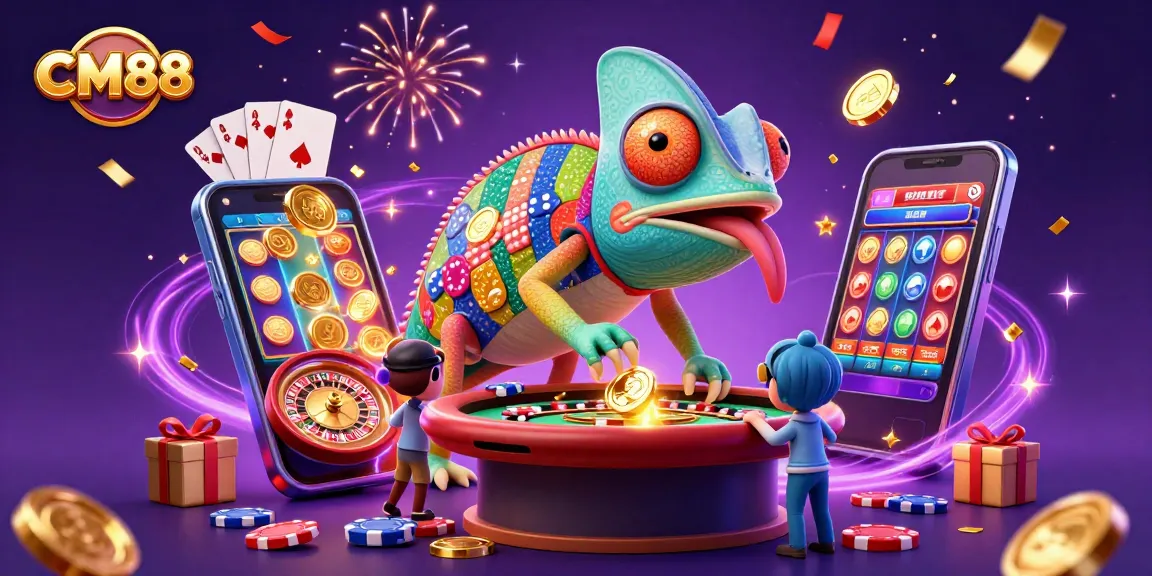 Play exciting casino games like CM88 with a colorful chameleon in a dynamic 3D scene!