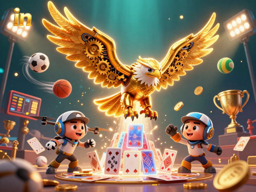 Fly through a thrilling betting experience in with a cybernetic eagle amidst dynamic sports elements.