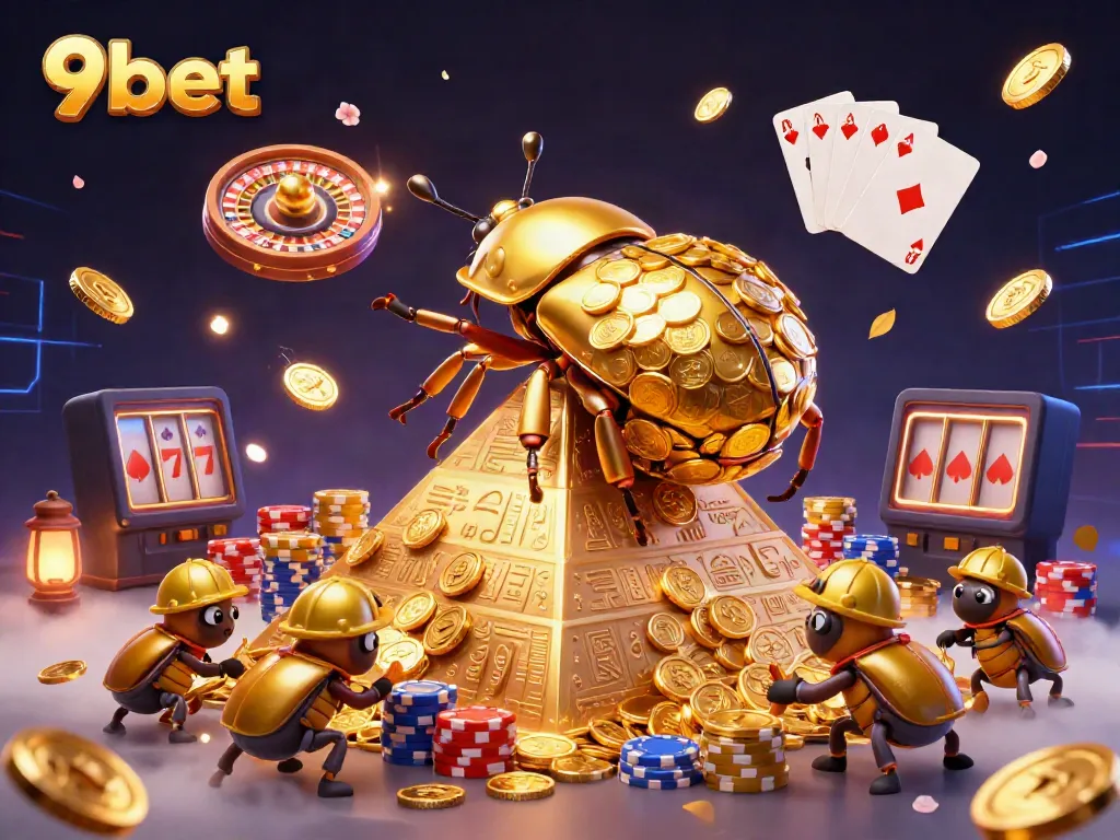 Experience the excitement of 9bet with golden coins and casino thrills captured in a dynamic illustration.