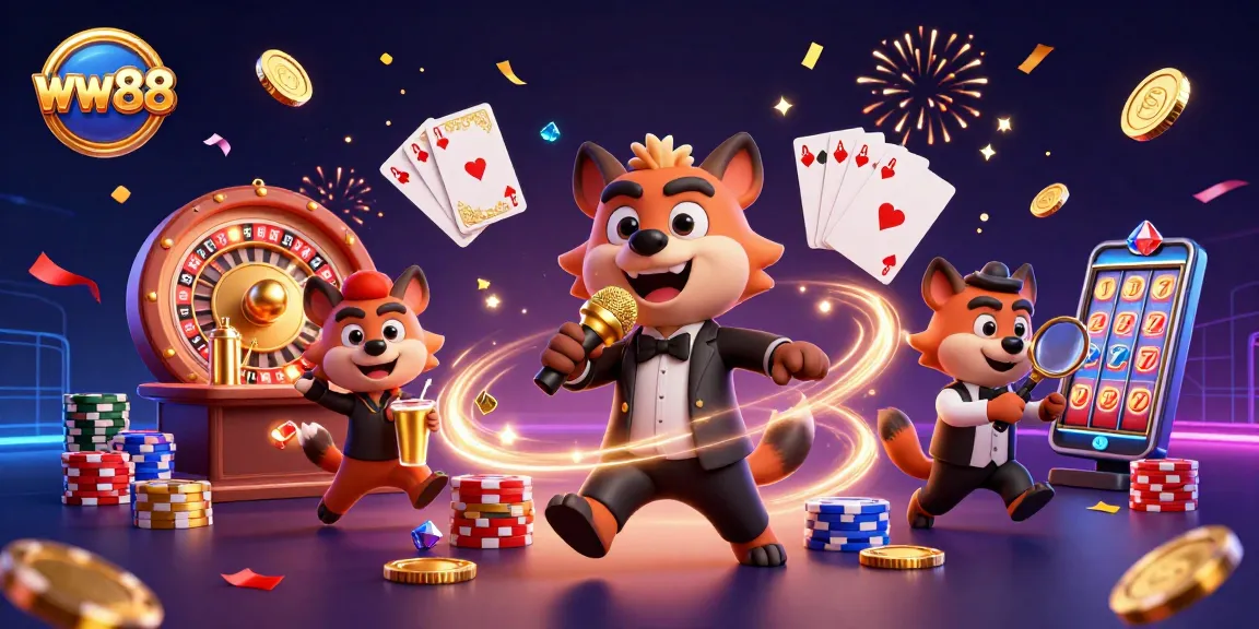 Experience fun and excitement at ww88 casino with vibrant hyenas enjoying games, golden coins, and sparkling gems.