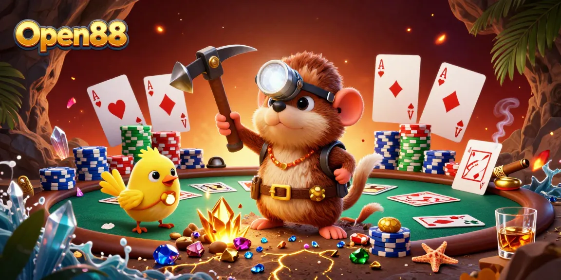 Win big with Open88 in this vibrant 3D gaming scene featuring a treasure hunter mole and poker elements.
