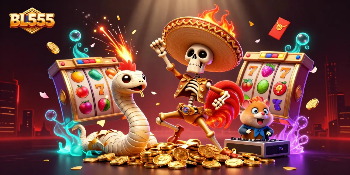 Experience thrilling wins with BL555 in this vibrant 3D casino illustration featuring lively characters and game elements.