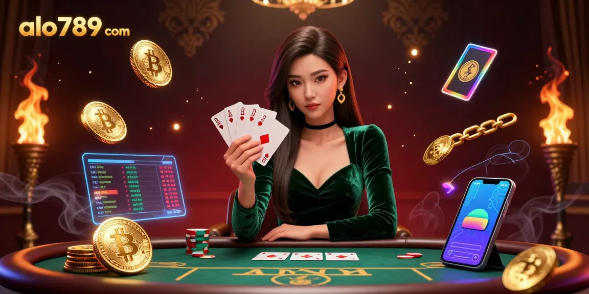 Play strategical poker at alo789 com with a focused Asian woman, digital coins, and high-stakes atmosphere.