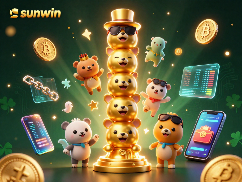 Experience thrilling gameplay at sunwin with a golden totem pole surrounded by crypto coins and vibrant casino elements.