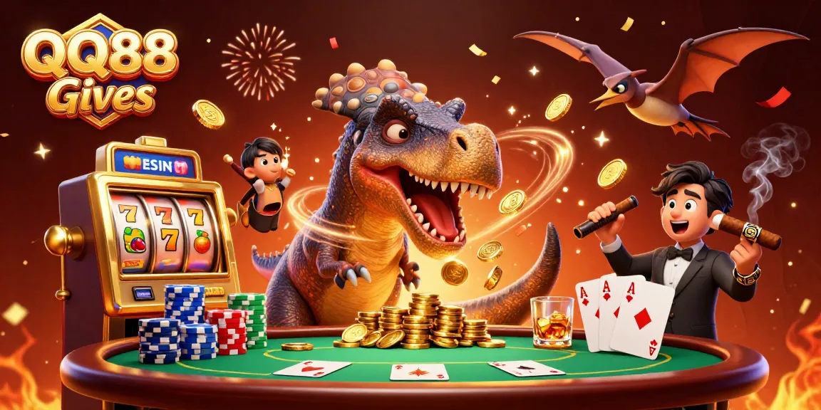 Engaging scene of QQ88 Gives featuring animated dinosaurs celebrating a jackpot win with coins flying in a vibrant casino.