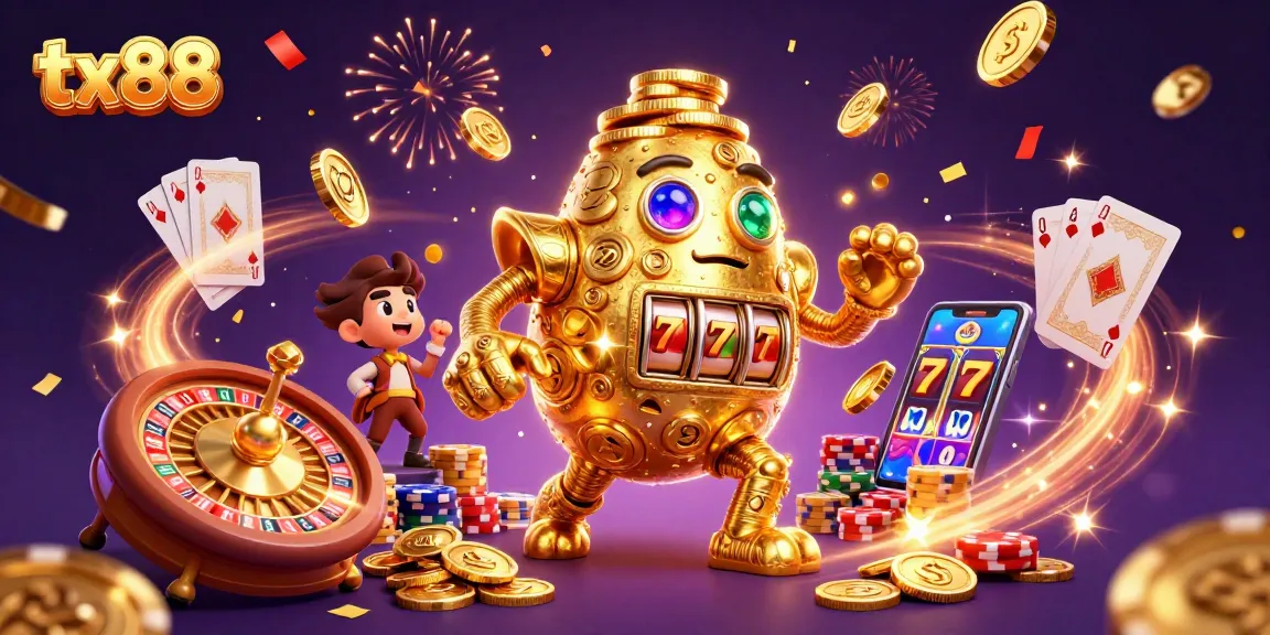 Experience the excitement of tx88's online casino with dynamic gaming visuals and golden elements.