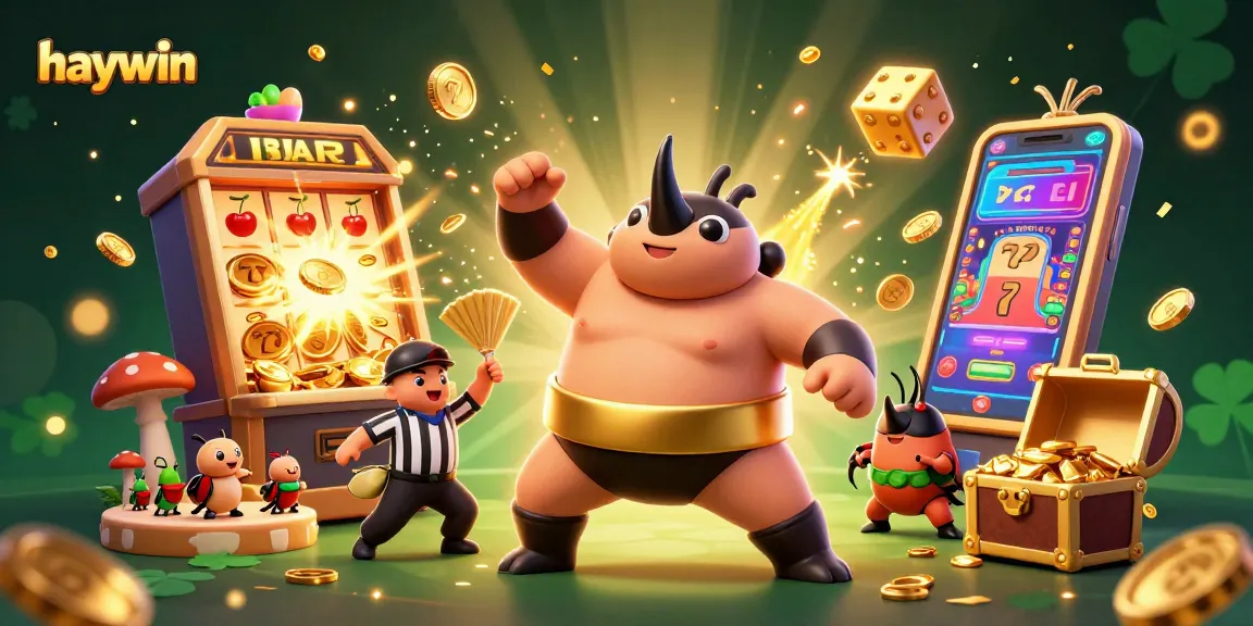 Experience the excitement of haywin as the sumo champion beetle stomps, sending coins flying in a vibrant casino.