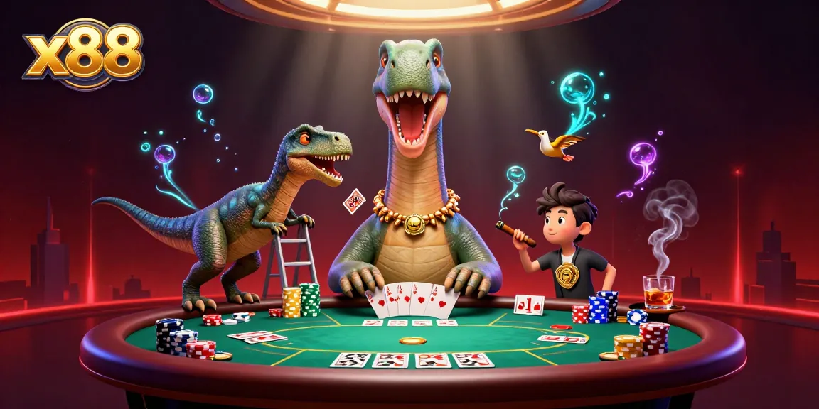 x88 casino illustration with a cartoon dinosaur and raptor dealing poker cards.