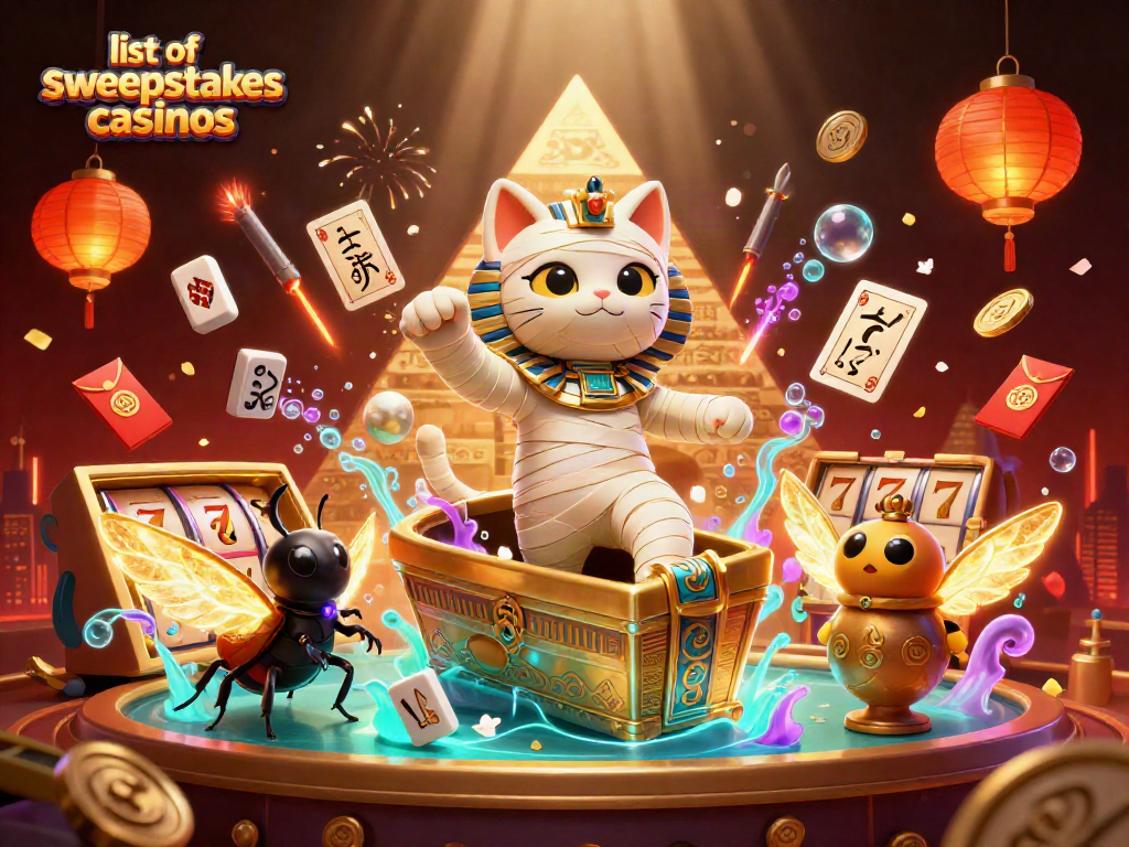 Experience the thrilling scene of the list of sweepstakes casinos with a mummy cat and glowing elements.