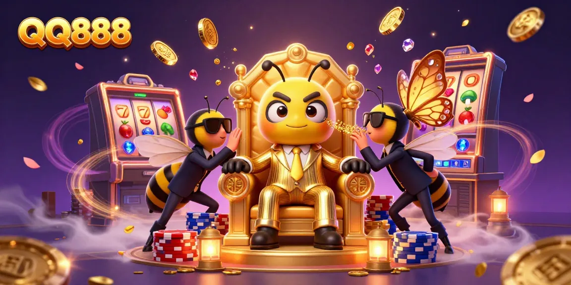 Experience exciting gaming with QQ888's unique cartoon scene filled with slot machines and golden treasures.