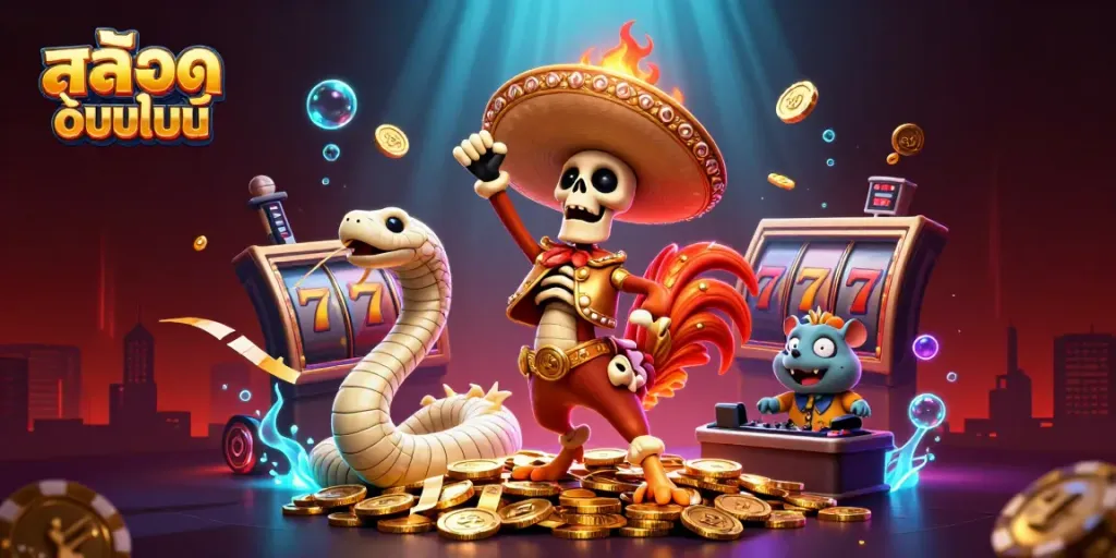 เล่นเกมสล็อตออนไลน์กับสล็อตออนไลน์โดยมีกระบองทองและเหรียญเต็มพื้น