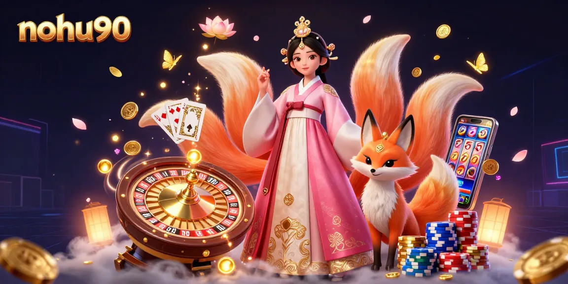 Experience thrilling gameplay with nohu90, featuring an elegant Asian woman with a lucky fox and casino elements.