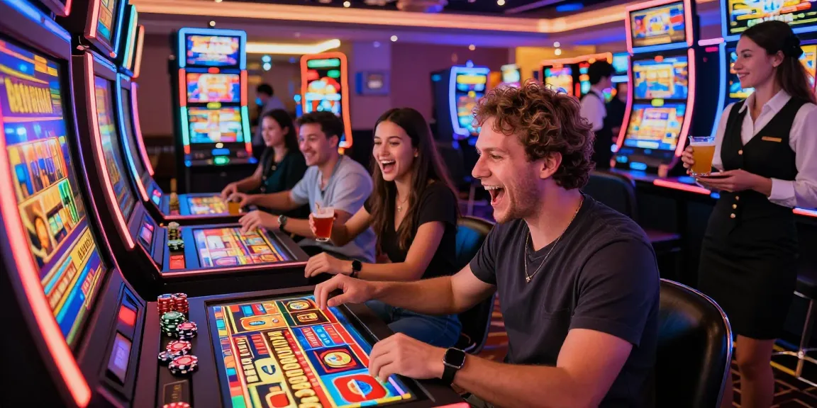 Bonus buy slots UK scene in a lively casino with diverse players engaging at slot machines.