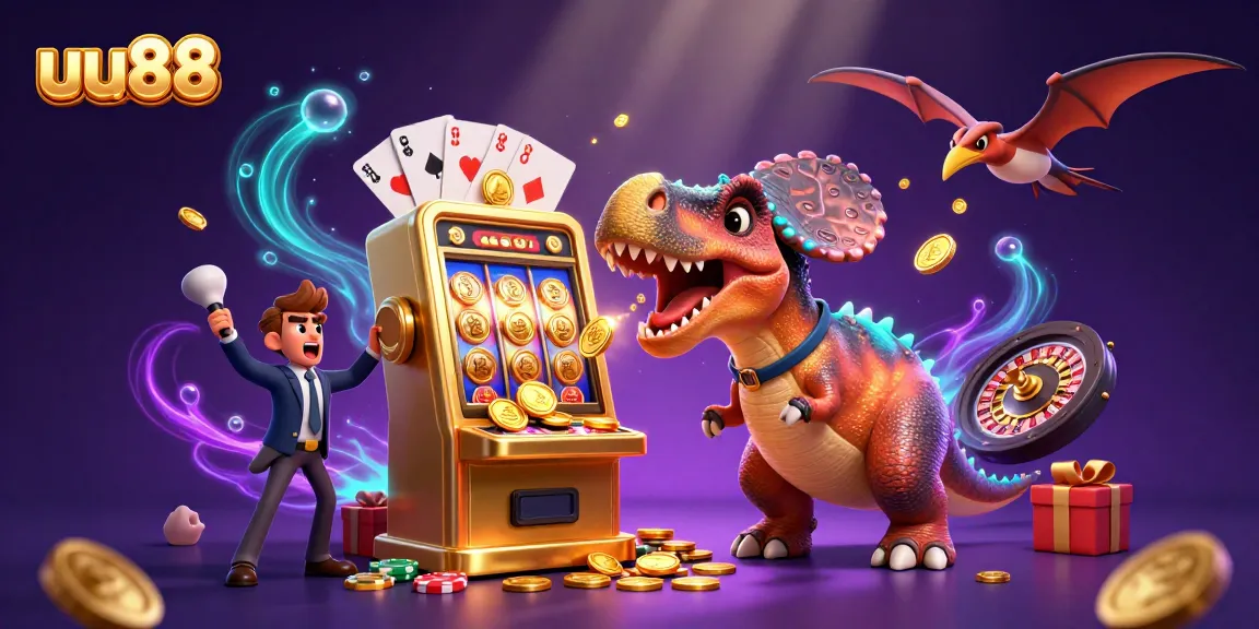 uu88 players hit the jackpot as a pachycephalosaurus celebrates over coins flying from the slot machine.