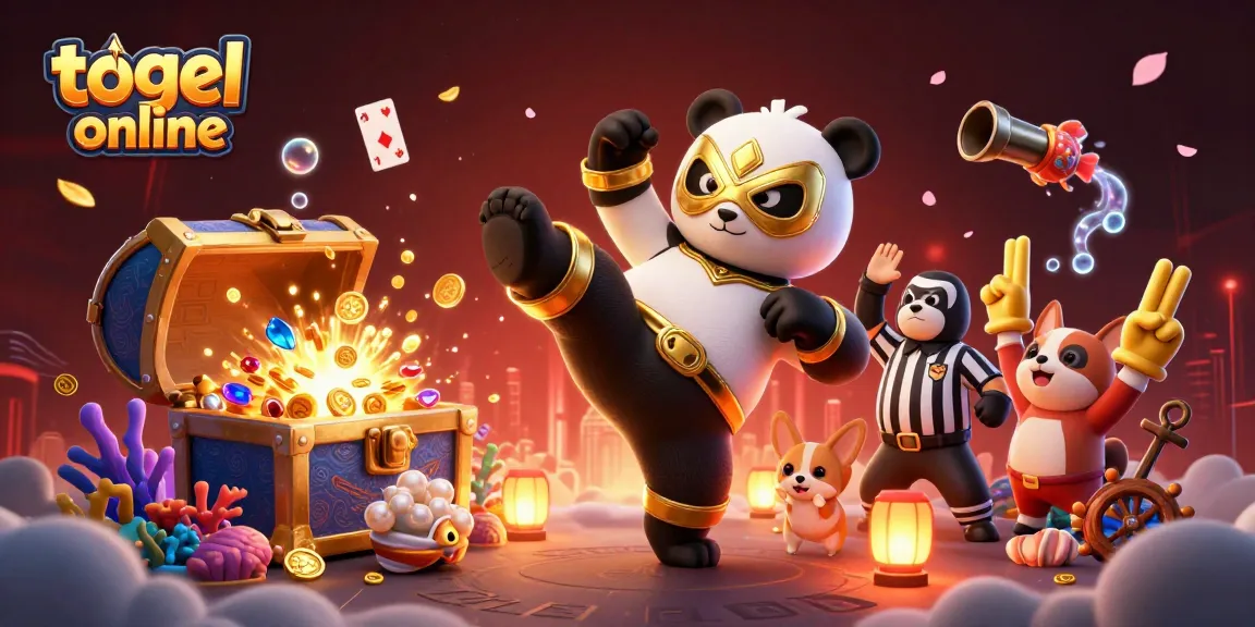 Togel online mempersembahkan panda pegulat kartun beraksi di tengah keramaian penggemar dengan emas dan permata di latar belakang.