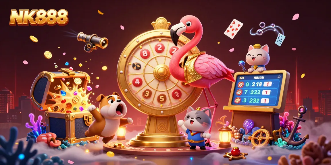 Engage with NK888's exciting 3D scene showcasing a game show host flamingo, bulldog contestant, and cat assistant amidst vibrant casino elements.