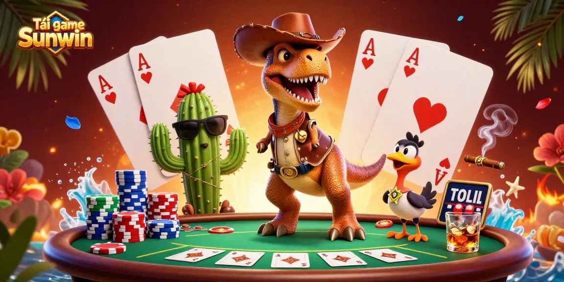 Play Tải game Sunwin with a vibrant 3D scene of dynamic characters and poker elements.