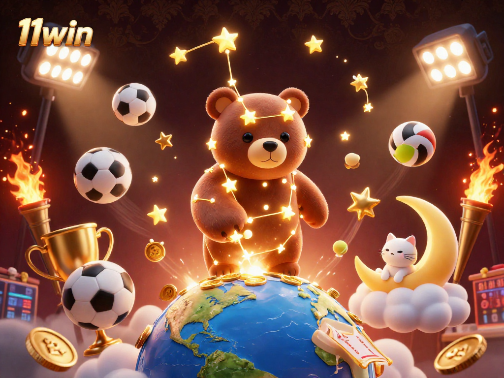 Experience thrilling gaming with 11win's vibrant 3D constellation bear amidst dynamic sports elements.