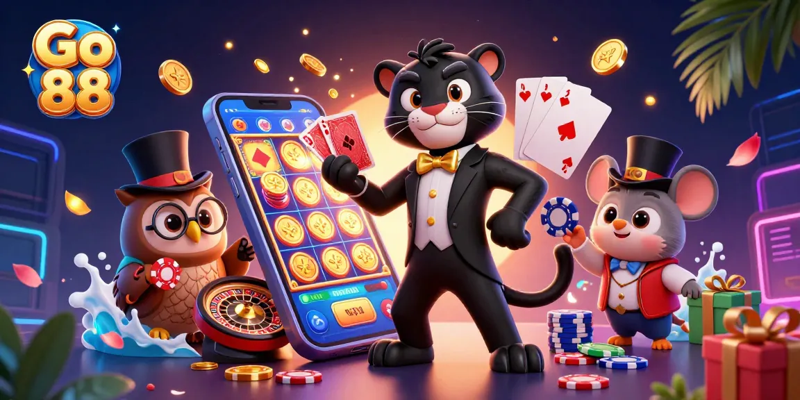 Engage with Go 88's vibrant 3D casino scene featuring characters playing cards and showcasing slot games.
