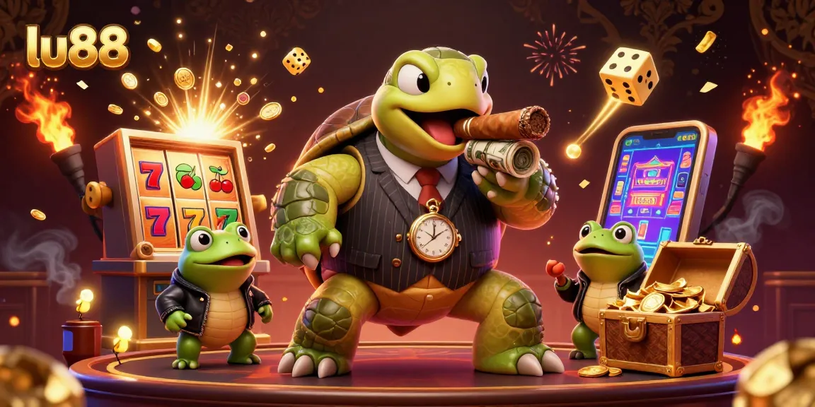 Experience dynamic gaming action with lu88 featuring a mobster turtle, bullfrog enforcers, and vibrant casino elements.
