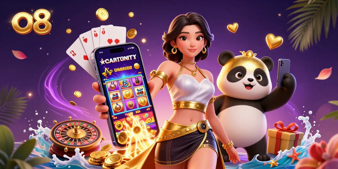 Engage with exciting o8 casino games, featuring a woman with a smartphone and a panda mascot.