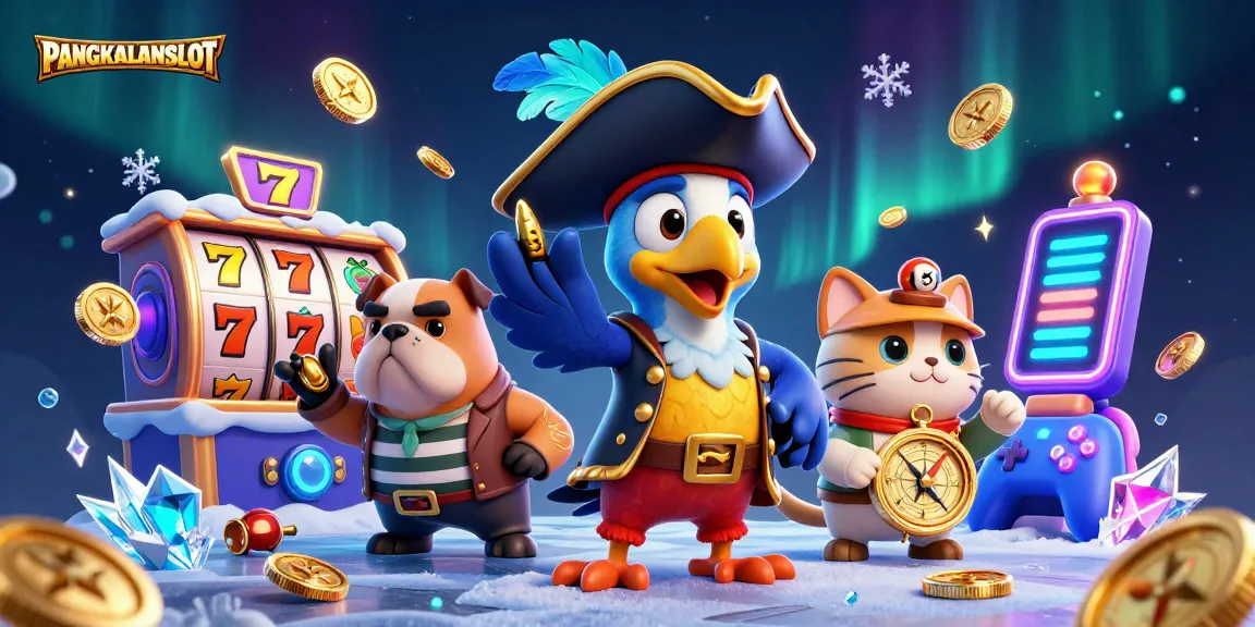 PANGKALANSLOT captures the excitement of online slots with animated characters amid glowing casino elements.