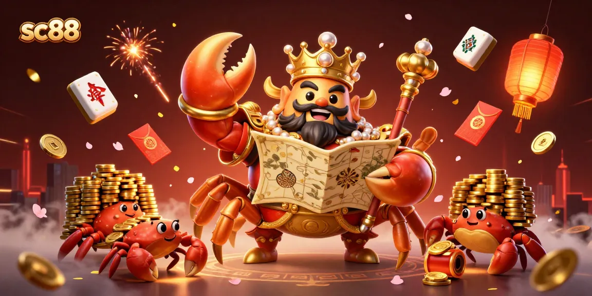 Engage in thrilling wins at sc88 with the golden crab emperor overseeing exciting gaming elements in a vibrant scene.