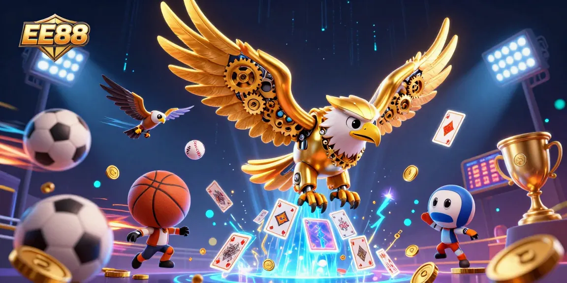 Engage with EE88 by exploring thrilling online betting, featuring a cybernetic eagle and dynamic game elements.