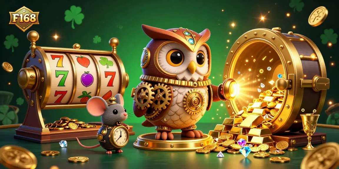Experience the excitement at F168 with a vibrant steampunk casino scene filled with treasures.