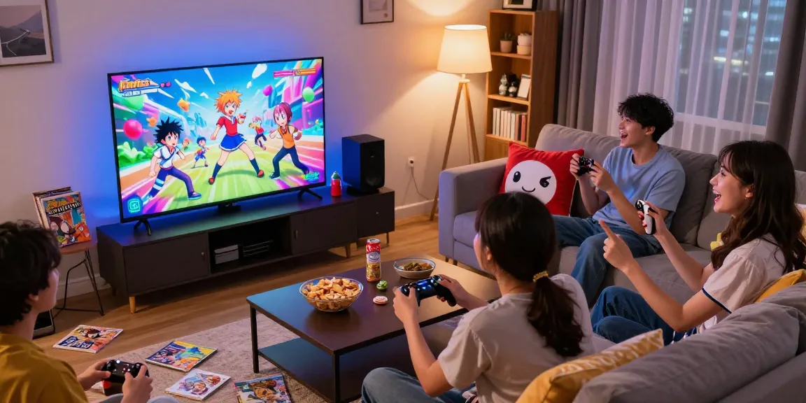 Group of friends enjoying hentaigames in a cozy living room, showcasing a vibrant gaming atmosphere.