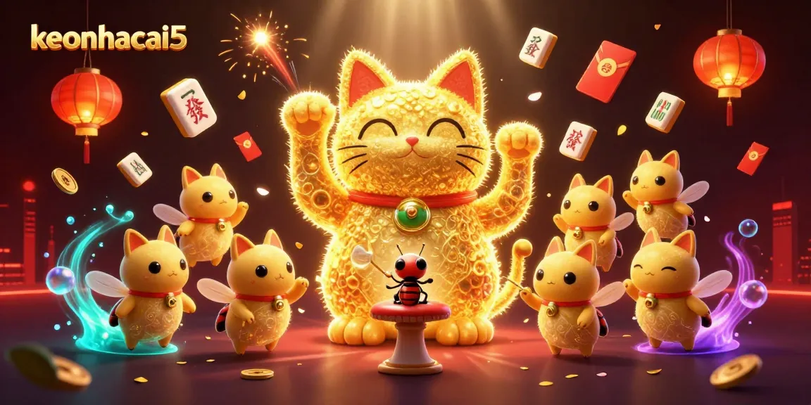 Engage with keonhacai5's vibrant casino scene featuring a lively lucky cat and dynamic casino elements.