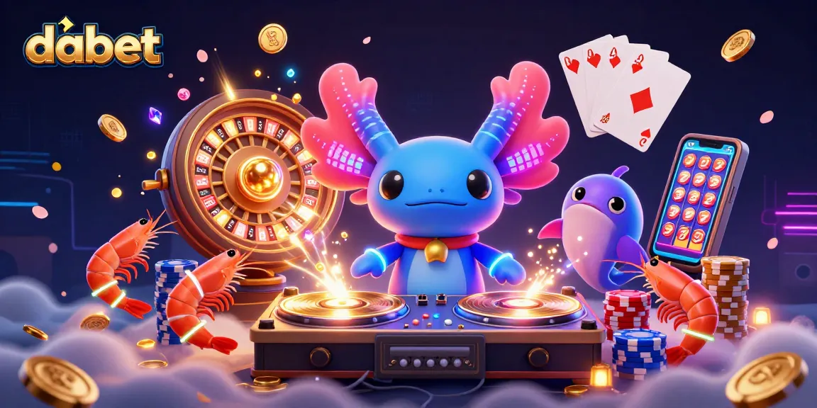 dabet showcases a vibrant scene with a DJ axolotl, dancing shrimp, and a hype-man blowfish in a dynamic underwater casino atmosphere.