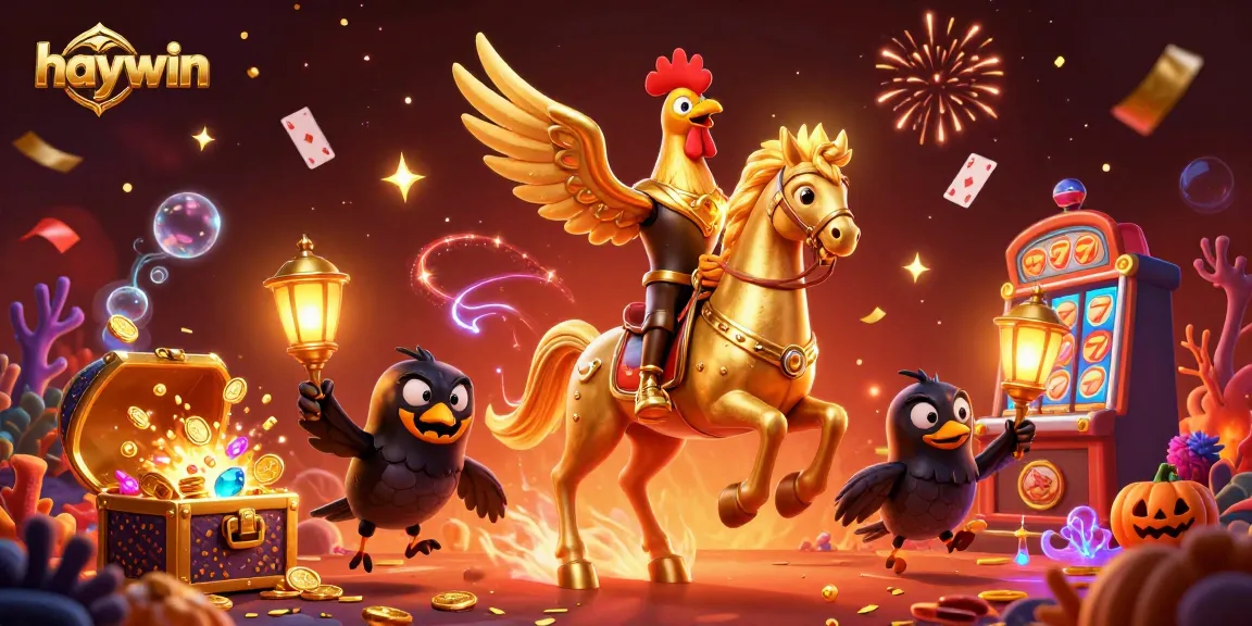 Experience the excitement of winning at haywin with a vibrant casino scene featuring golden rooster characters.