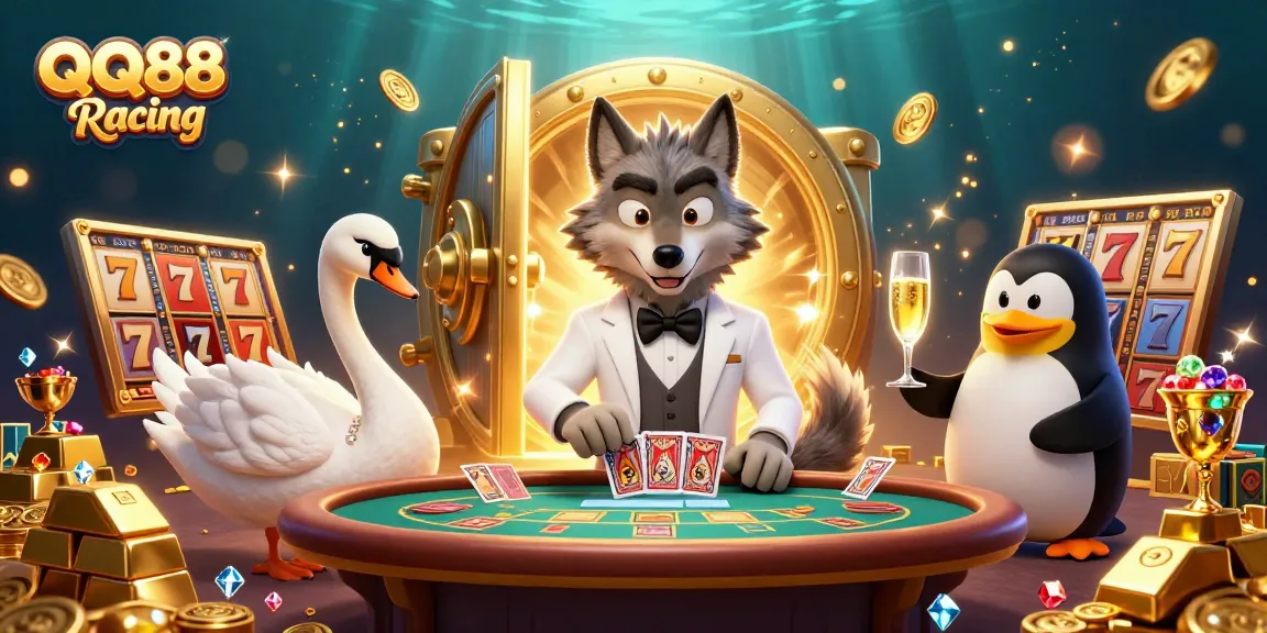 Experience thrilling moments with QQ88 Racing at a vibrant baccarat table surrounded by winning treasures.