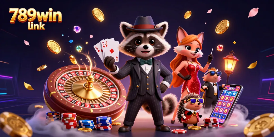 Experience thrilling gameplay with 789win link showcasing a raccoon holding a royal flush surrounded by casino elements.