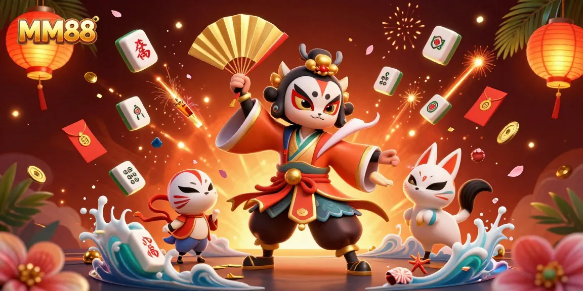 Win big with MM88 in this vibrant 3D casino scene featuring a kabuki warrior and captivating game elements.
