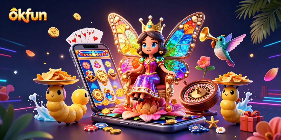 Experience the thrill of gaming with okfun's vibrant casino illustration and dynamic characters.