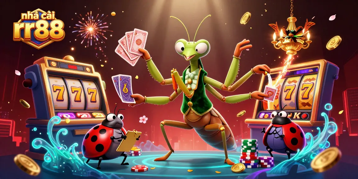 Experience excitement at nhà cái rr88 with a giant praying mantis card sharp amidst dynamic casino elements.